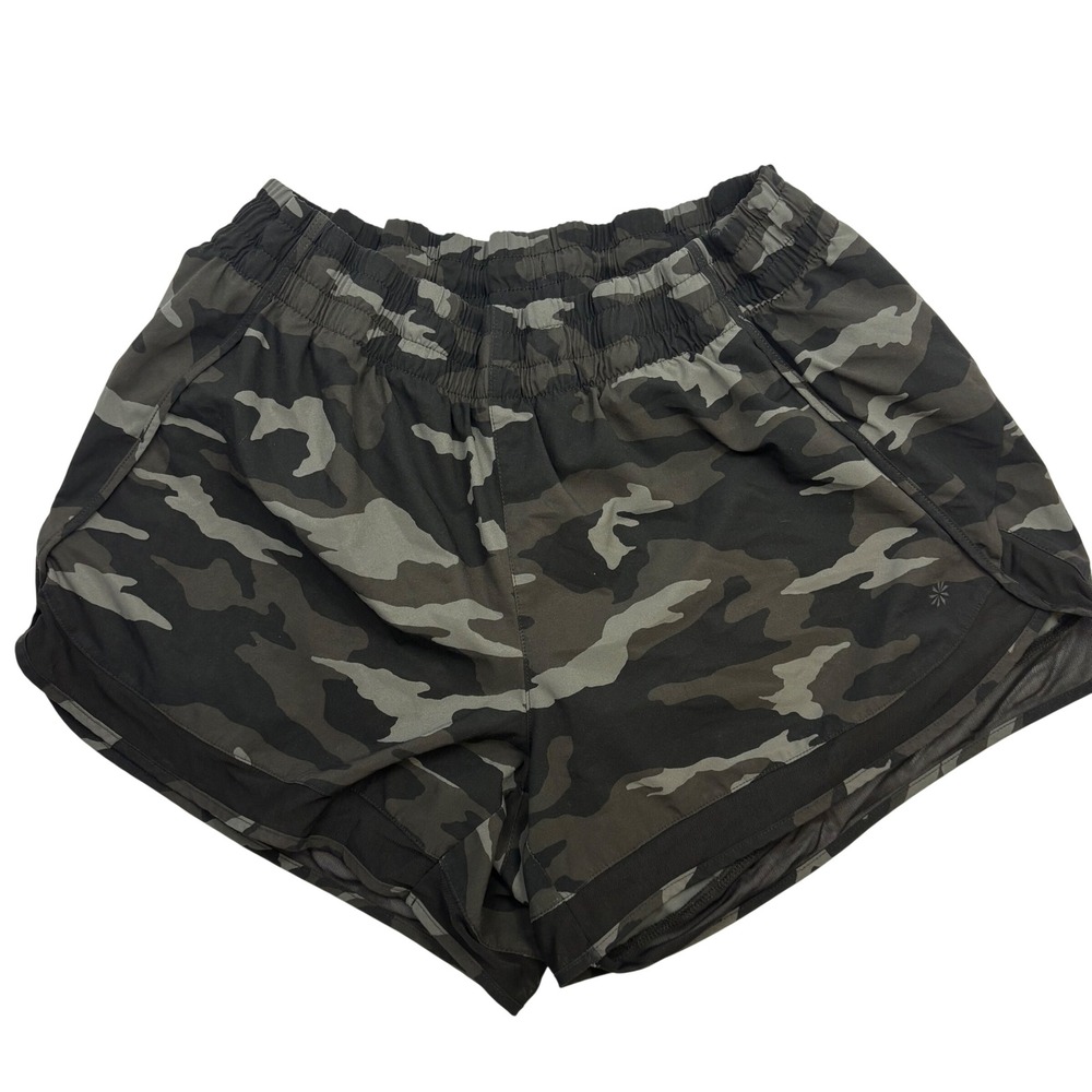 Athleta Printed Mesh Racer Run‎ Short 4 Camo Green Black Womens Large L